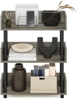 Furinno Turn-N-Tube 3-Tier Grey Storage Shelves with Side Panels, Book Shelf, Display Shelf, for Organization and Storage, Living Room, Home Office, Grey Oak