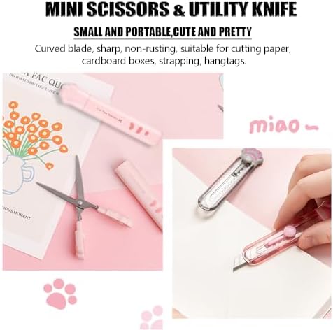 Cute School Supplies,Stationary Gift Set, Japanese Stationery Birthday GIFS, Includes Pencil Sharpener,Eraser, Correction Tape, Ruler, Mini Scissors,Utility Knife, for Office School Supplies (Pink)