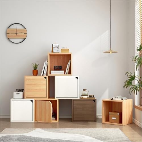 Timber Vertical or Horizontal Organizing Shelf with 1 Cabinet Closed Back Modular Cube Storage Unit, Book Storage Bookshelf, Step Shelf, Glass Small Bookcase, Square Grid Cabinet White No Door