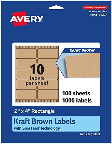 Avery® Kraft Brown Rectangle Labels, Sure Feed® Technology, 2" x 4", 1,000 Kraft Brown Labels, Laser/Inkjet Printable