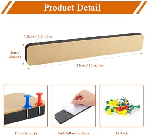8Pcs Rectangle Felt Cork Board Bar Strips with 35 Pushpins, Self-Adhesive Bulletin Board Strips for Office School Home Wall Decor Stickers Memos Schedules Photos Display -Purple+Pink