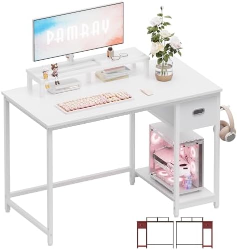 Pamray 39 Inch Small Computer Desk with Monitor Stand and Drawer for Gaming