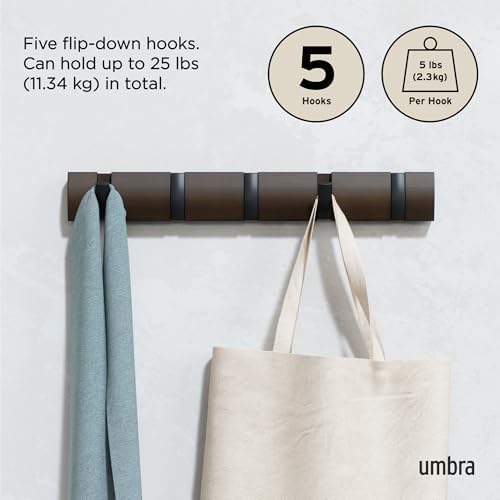 Umbra Flip Coat Rack, Wall Mounted 5-Hook Space Saving, Walnut/Black