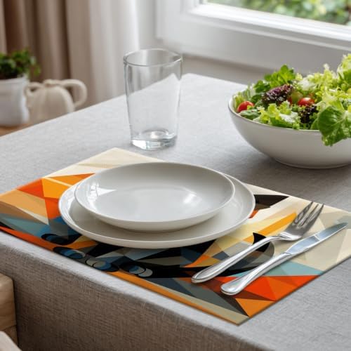 Batmerry Geometric Cat Linen Placemats Set of 8, Colorful Triangular Art Washable Table Mats for Kitchen Table Thickened Heat Insulation Dining Set Indoor Outdoor 12X18 in