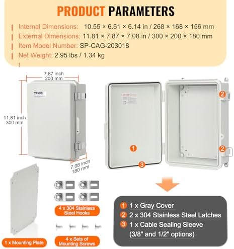 VEVOR Weather-Resistant Junction Box, Dimensions: 11.81 x 7.87 x 7.08 inches, Crafted from Durable ABS Plastic with a Secure Hinged Lid and Stainless Steel Lock, IP67 Rated for Superior Dust and Wa