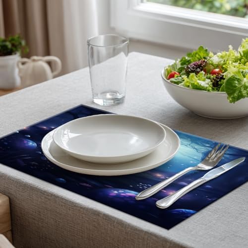 Batmerry Night Forest Glowing Elements Linen Placemats Set of 6, Mysterious Night Forest Scene Washable Table Mats for Kitchen Table Thickened Heat Insulation Dining Set Indoor Outdoor 12X18 in