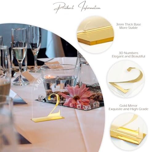 Clear Arch Wedding Table Numbers 1-10, Gold Numbers and Stands