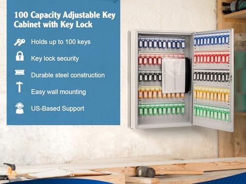 Barska 100-Position Key Lock Box – Solid Steel Key Cabinet with Numbered Hooks, Key Log Sheet, Color Tags & Index Chart – Wall-Mount Organizer, Grey - Key Organizer Box - Key Storage wall mount