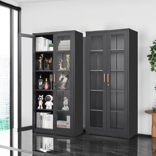 Polup 71" Black Metal Glass Display Cabinet with Security Lock | 5-Tier Curio Case & Tempered Doors, 4 Adjustable Shelves, Heavy-Duty China Storage for Living Room, School & Commercial