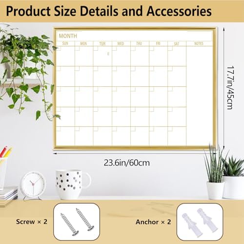 Gold Dry Erase Calendar Whiteboard for wall-18 x24’’,Portable Aluminum Frame,Magnetic Calendar White Board,Wall Planner Dry Erase Board for Office, Kitchen, School, Home-GG-4560