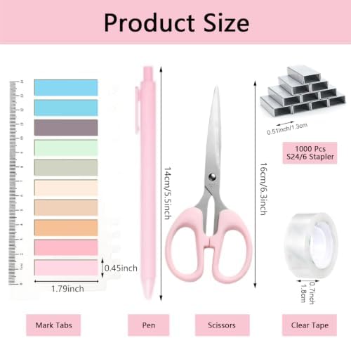 Office Supplies,Pink Desk Accessories,Office Supplies Set,Stapler and Tape Dispenser Set,Scissors,Staple Remover,Binder Clips,Staples,Ballpoint Pen,Index Tabs with Ruler,Clear Tape.9pcs for Office