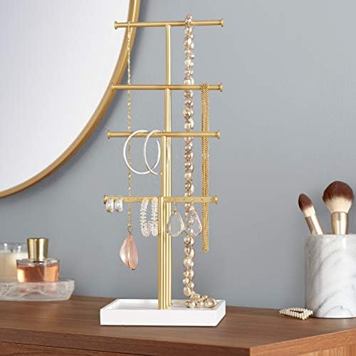Amazon Basics Four-Tier Jewelry Organizer Tree Stand, Necklace Earring Bracelet Holder with Ring Storage, White/Brass