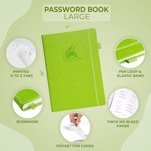 Clever Fox Password Book with Alphabetical Tabs, 7"x10" Keeper Green