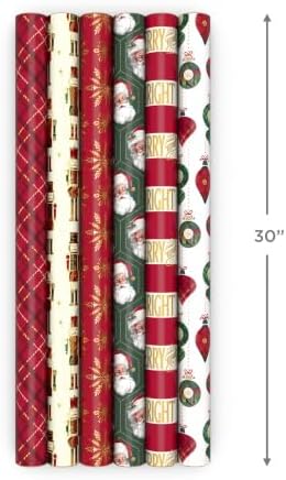 Hallmark Christmas Wrapping Paper Rolls with Cutlines on Reverse (6 Rolls: 150 Sq. Ft. Total) Santa Claus, Nutcrackers, Plaid, Snowflakes, Ornaments