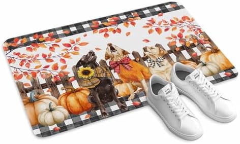 Fall Door Mat Orange Pumpkin Dog Doormat Bow Puppy Maple Leaves Fence Plaid Harvest Thanksgiving Welcome Mat Non Slip Entryway Front Rug Floor Mat for Indoor Outdoor Kitchen Autumn Holiday Decor 24x36