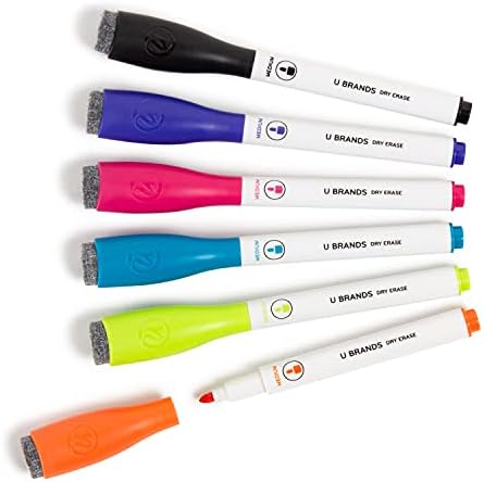 U Brands Fine Tip Dry Erase Markers with Eraser, Low Odor Whiteboard Markers Fine Tip, Assorted Bright Colors, Set of 16