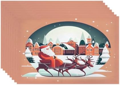 Batmerry Christmas Santa Claus Linen Placemats Set of 8, Reindeer Winter Cityscape Orange Washable Table Mats for Kitchen Table Thickened Heat Insulation Dining Set Indoor Outdoor 12X18 in