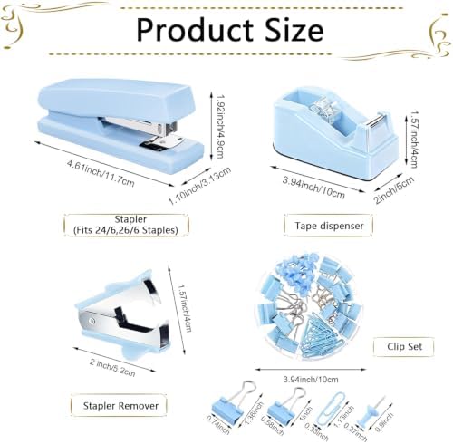 Office Supplies,Blue Desk Accessories,Stapler and Tape Dispenser Set with Stapler,Tape Dispenser,Staple Remover,Staples,Clips,Scissors and Tabs,Gift for Student,Teacher,Coworkers,Business,Gift 9pcs
