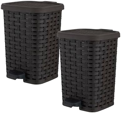 Superio Mini Trash Can with Foot Pedal Small Outdoor Garbage Can with Lid, 1.5 Gallon Plastic Waste Basket for Bathroom, Bedroom, Kitchen, Office, Patio (Wicker Brown 6 QT.), 2 Pack