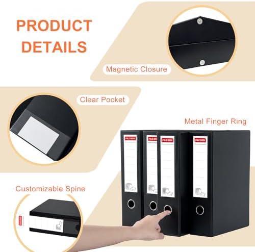 Storage File Boxes 4 Pack, Foldable File Box with Clip, 88mm Spine, Black | Archives Cases with Magnetic Closure, Plastic Document File Organizer Storage