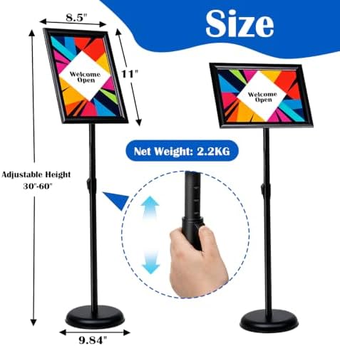 YIYO Adjustable Pedestal Poster Sign Stand,8.5 x 11 Advertising Business Menu Sign Holder for Floor Standing with Aluminum Snap-Open Reusable Frame,Black (8.5 x 11)