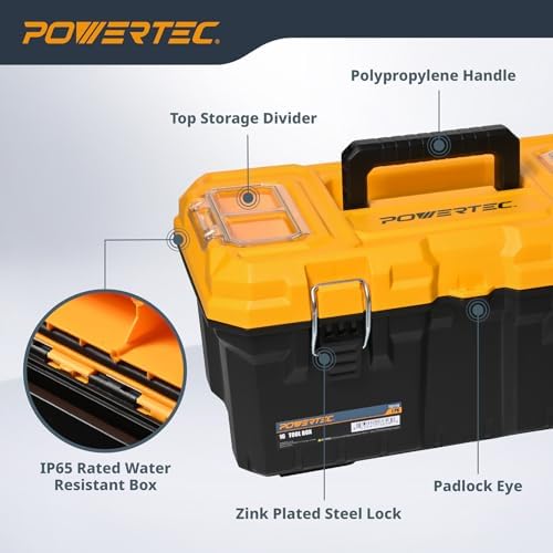 POWERTEC 16-Inch Tool Box with Trays - Lockable, Metal Latch, Organizer, Portable Storage for Tools, Small or Mid-Sized Parts (72119)