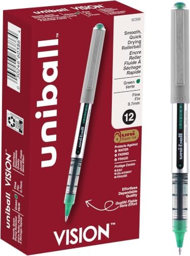 uniball Vision Rollerball Pens, Green Pens Pack of 12-0.7mm Fine Point Medium Ink - Japanese Pen, Smooth Writing Pen, School & Office Supplies (Pack of 144)