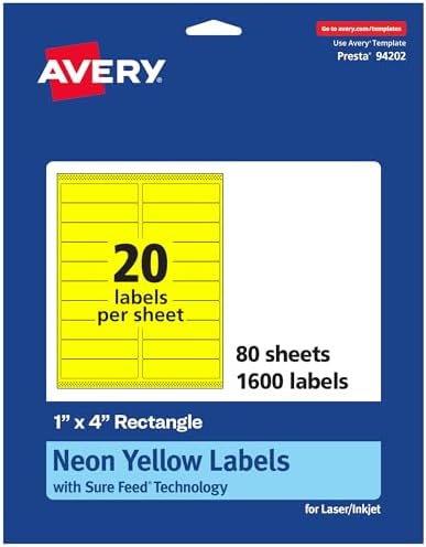 Avery® Printable Rectangle Labels, Sure Feed® Technology, 1" x 4", Neon Yellow Labels, Laser/Inkjet Printable, 1,600 Total, Great for Mailing and Cosmetics