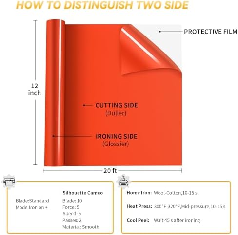 VinylRus Heat Transfer Vinyl, Orange, 12" x 20ft