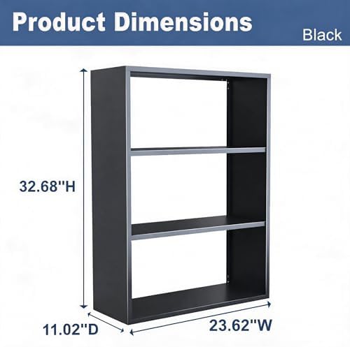 3-Tier Metal Bookshelf, Open Shelf Storage, Includes 4 Corner Bumpers, Space-Saving Vertical Storage for Living Room, Home Office, 35.43" Hx27.56 Wx11.81 D, Black