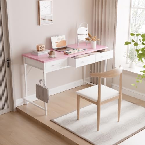 Pamray 47 Inch Small Computer Desk with 3 Drawers for Bedroom Study Writing Home Office Table for Small Spaces Pink