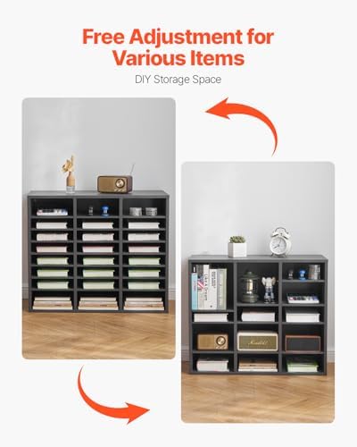 VEVOR Literature Organizer, 24 Compartments Office Mailbox with Adjustable Shelves, Wooden Mailbox Sorter Medium Density Fiberboard Office Home Classroom Storage for Files, Documents, Papers, Grey