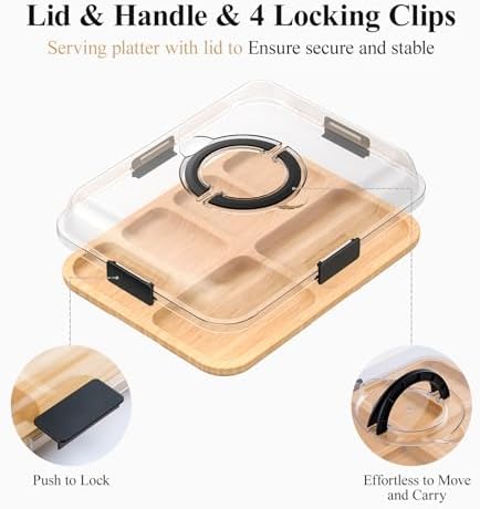 Portable Bamboo Charcuterie Board with Lid, 6 Compartments