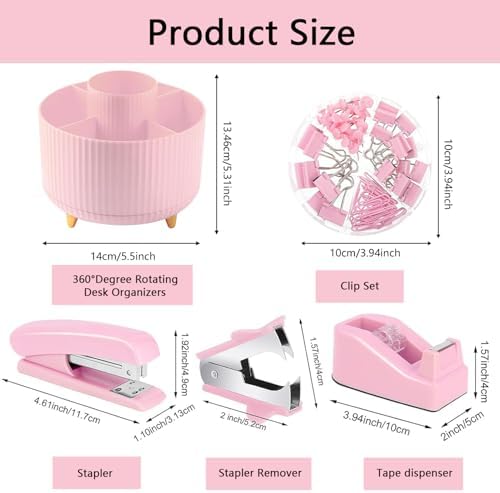 Office Supplies,Pink Desk Accessories,Office Supplies Set,Desk Organizer,Stapler,Tape Dispenser,Scissors,Staple Remover,Binder Clips,Staples,Ballpoint Pen,Index Tabs with Ruler,Clear Tape.10pcs