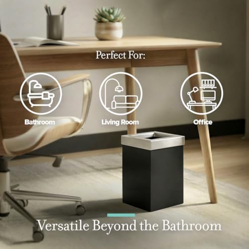Gatco Small Bathroom Trash Can with Lid, Square 3 Gallon Stainless Steel Wastebasket, Under Sink, Matte Black and Satin Nickel, for Bathroom, Bedroom, Office (1915SN)