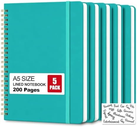 5 Pack Hardcover Spiral Notebooks, 8.3" x 6.3" Lined Journal Set, 100 GSM Bleed-Resistant Paper, 200 Pages Twin-Wire Bound Notebook with Elastic Band & Category Stickers for Office, School