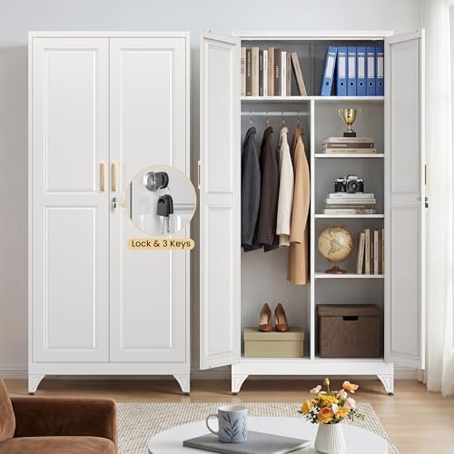 71" White Metal Wardrobe Closet with Lock, Tall Storage Cabinet with Hanging Rod & 3 Adjustable Shelves, Heavy Duty Steel Armoire for Bedroom, Laundry, Home Office, Minimalist Design