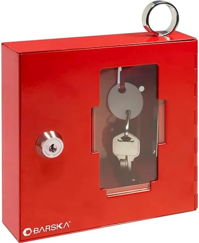 Barska Red Key Lock Breakable Glass Window Alarm Emergency Key Storage Lock Box with Attached Hammer for Home and Business