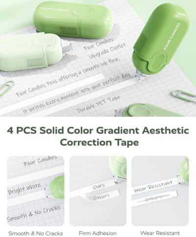 Four Candies Green School Supplies with Case College Essentials | Pens with Black Ink, Correction Tapes, Pastel Highlighters, Mechanical Pencils, Sticky Notes, Index Post for Study Stationary