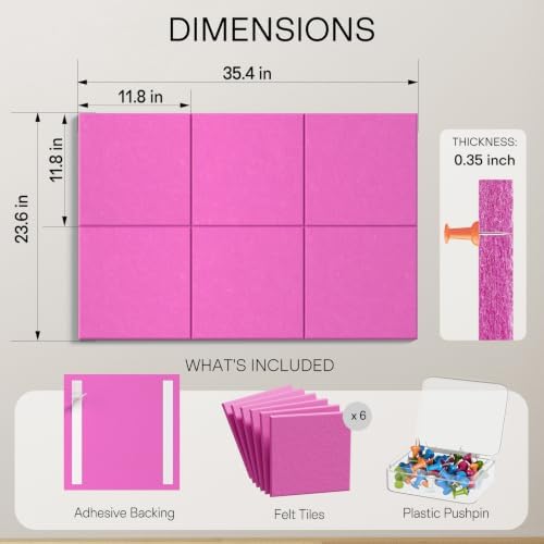 MaxGear Felt Bulletin Board 36" x 24", Rose Pink Felt Wall Tiles Push Pins