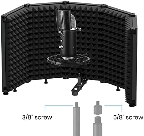 Moukey Microphone Isolation Shield, Foldable Mic Shield with Triple Sound Insulation, Reflection Filter with 3/8" and 5/8" Mic Threaded Mount for Recording Studio, Podcasts, Singing, and Broadcasting