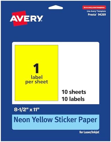 Avery Printable Sticker Paper, 8-1/2" x 11", Full-Sheet Labels, Neon Yellow Labels, Laser/Inkjet Printable, 10 Total, Great for Packaging and Stickers