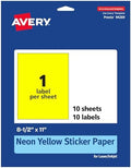 Avery Printable Sticker Paper, 8-1/2" x 11", Full-Sheet Labels, Neon Yellow Labels, Laser/Inkjet Printable, 10 Total, Great for Packaging and Stickers