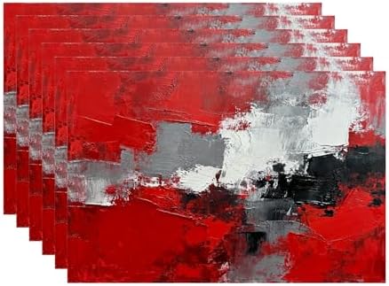 Batmerry Abstract Oil Painting Linen Placemats Set of 6, Art Red Grey Scarlet Modern Artwork Washable Table Mats for Kitchen Table Thickened Heat Insulation Dining Set Indoor Outdoor 12X18 in