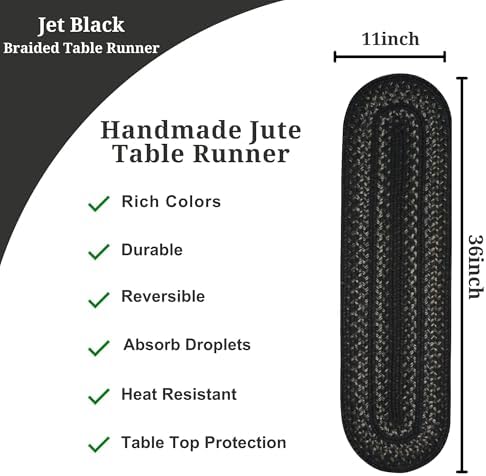 Homespice Jet Black Braided Table Runner for Primitive Decor, Oval 11x36