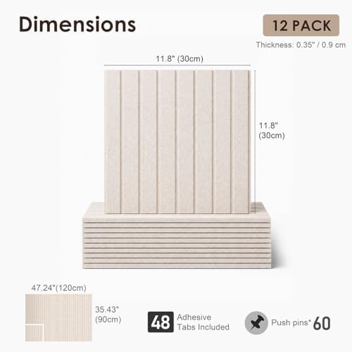 SIOLOC Ribbed Felt Bulletin Board Tiles, 12 Pack Oatmeal Beige Cork Board Alternative for Walls, Large Grooved Felt Wall Tiles, 47.2 x 35.4 in Oversized Pin Board for Home Office Dorm Decor