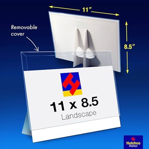 Paper Sign Holder (11 x 8.5 Inches) Plastic Countertop Display w/Shatterproof (No Acrylic) Clear Design & Cardboard Easel Back Tabletop Slant Support for Stackable Lightweight Portable by Hutchco