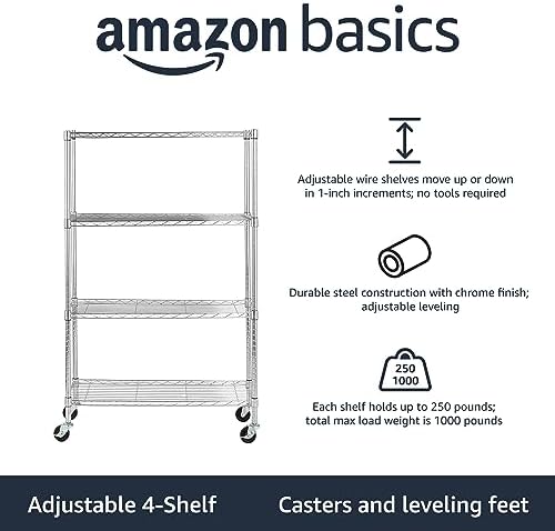 Amazon Basics 4-Shelf Adjustable Heavy Duty Storage Shelving Unit with Wheels, No-Tool Easy Assembly, Garage Shelving, Metal Wire Rack with Casters and Leveling Feet, 36" x 14" x 57.8", Chrome
