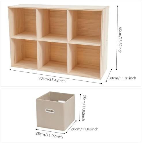 6 Cube Storage Organizer, Open Shelf Bookcase, Solid Wood Bookshelf with 3 Storage Bins, Vertical or Horizontal Book Shelf for Bedroom, Living Room, Office