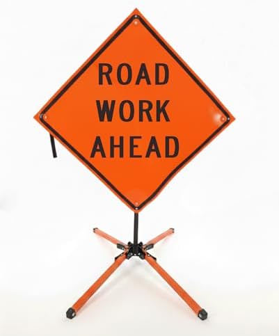 Traffic Roll-Up Sign Kit with Stand – Collapsible Safety Sign & Heavy-Duty Portable Stand, High Visibility, Easy Setup (Road Work Ahead, Non-reflective)
